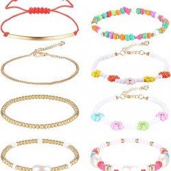 8Pcs Beaded Stretch Y2K Bracelets For Women Handmade Lobster Clasp Beaded Bracelets Pearl Flower Rainbow Elastic Adjustment Bracelet Beach Summer VSCO Bracelet Set